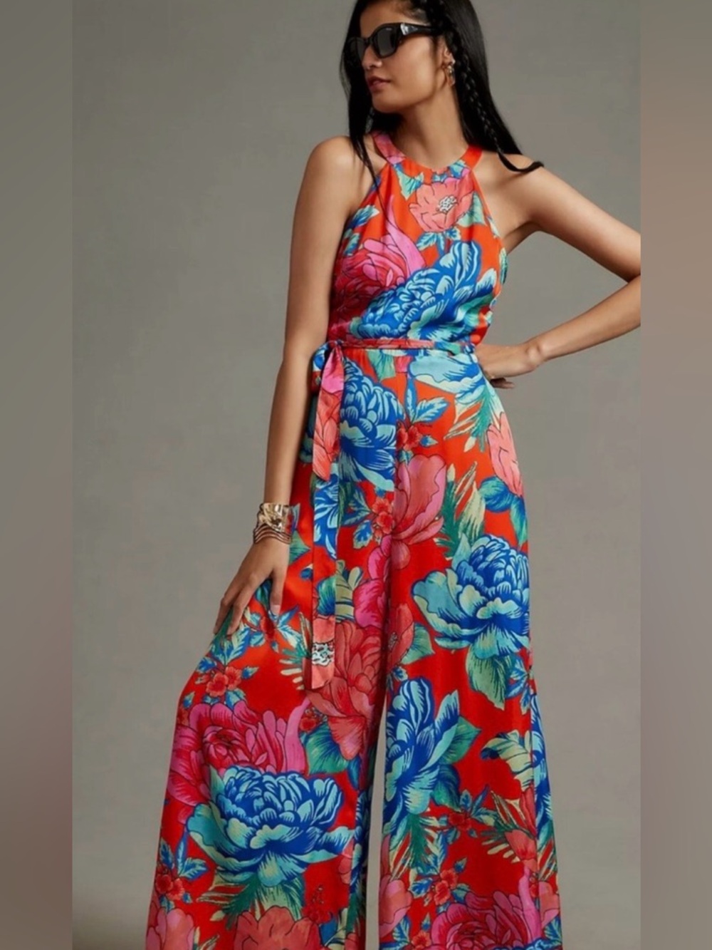 NWT FARM Rio Red Floral Halter Wide-Leg Jumpsuit
